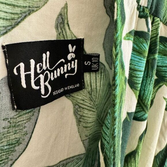 Hell Bunny Rainforest 70s Jumpsuit Wide Leg Cropped Tropical Leaf Size Small - Picture 4 of 6